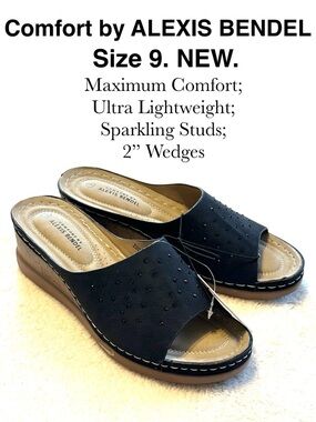 2” Wedge Slide Shoe Sparkling Studs Ultra Lightweight Comfort Summer Sandals